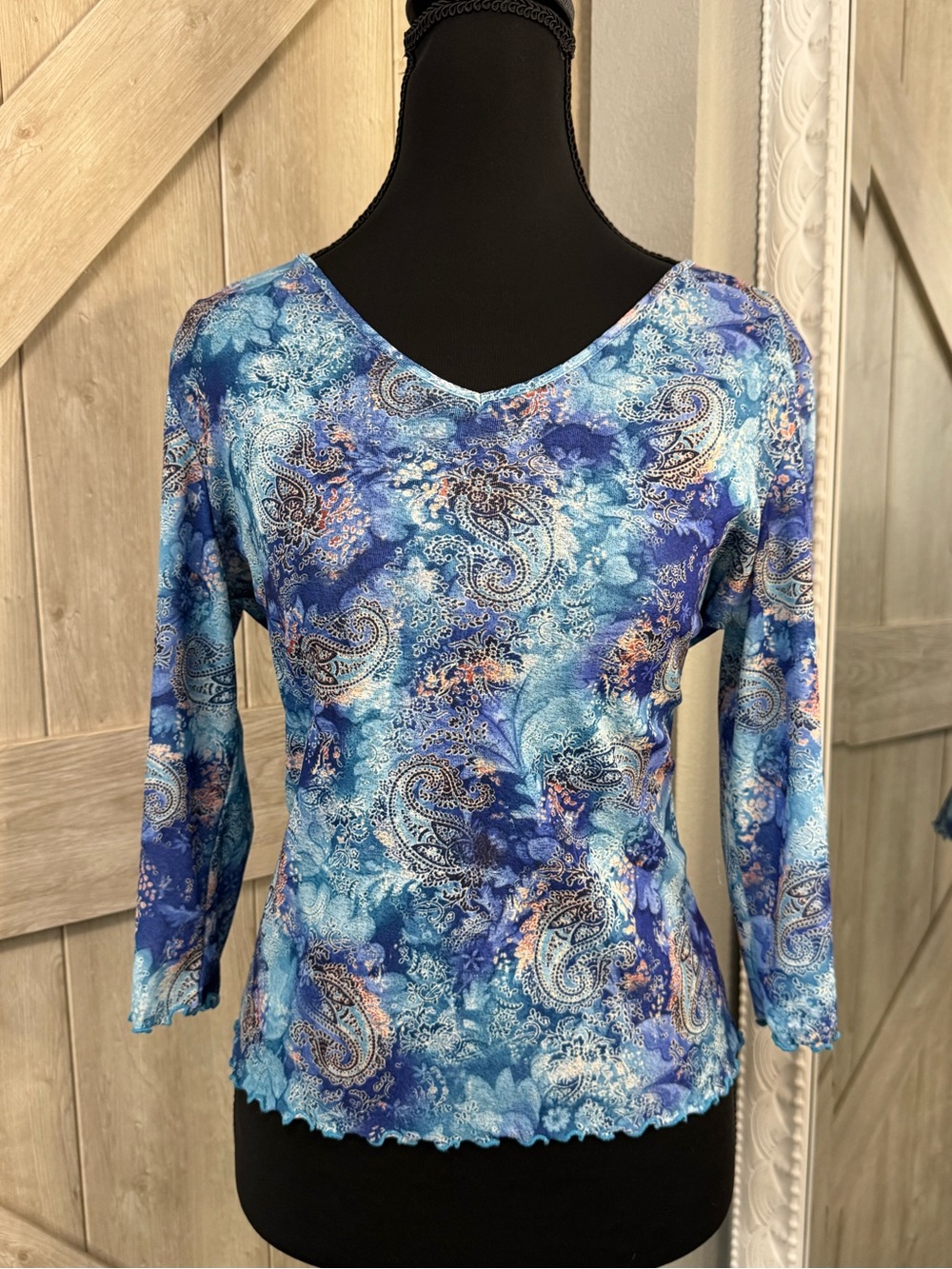 Whimsigoth Fairycore Blue Paisley Mesh Top 3/4 Sleeve- medium